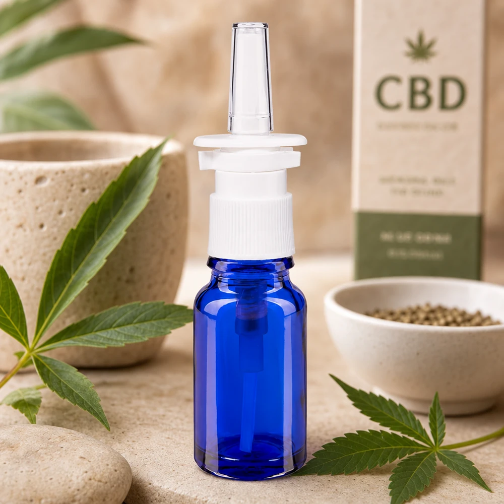 Butelka apteczna niebieska 10ml atomizer do nosa biały St Kompaktowa buteleczka z atomizerem o pojemności 10 ml w kolorze kobaltowym z produktami CBD i liśćmi konopi