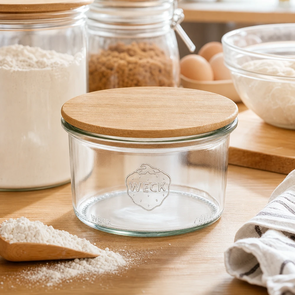 Kubki 200 ml WECK RR80 z drewnianą pokrywką WECK Sturzglas 200ml RR80 mit Holzdeckel in natürlicher Küchenumgebung zwischen Backzutaten und Vorratsgläsern