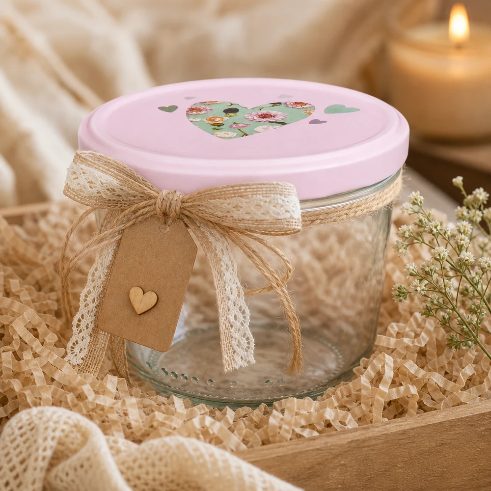 Szklanka z pokrywką 230 ml + pokrywka BasicSeal serce różowa UN.. Sturzglas 230ml mit rosa Herz-Deckel dekorativ mit Juteschleife und Geschenkanhänger als Geschenkverpackung arrangiert