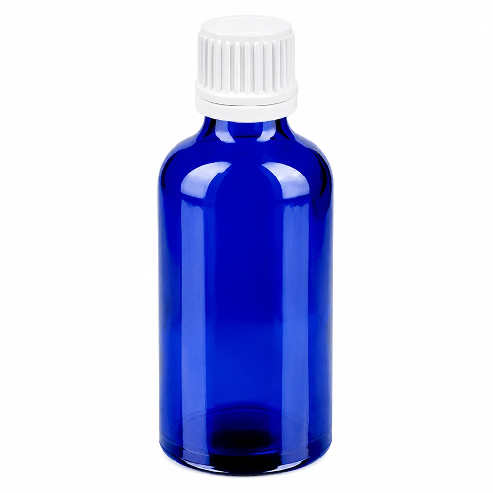 Butelka 50 ml 11 mm SV biała OV BlueLine UT18/50 50 ml niebieska szklana butelka z białą zakrętką do kosmetyków i farmaceutyków