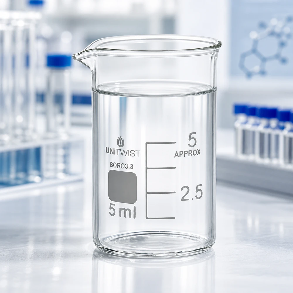 Przezroczysta zlewka 5 ml UNiTWIST z borokrzemianu 3.3, niska, z białą skalą