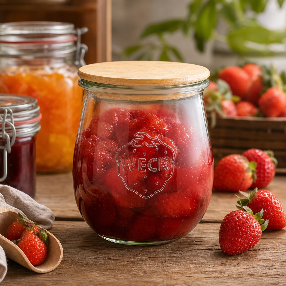 WECK tulipanowy słoik 220ml z drewnianą pokrywką wypełniony dżemem truskawkowym - słoik do przechowywania dżemów i smarowideł