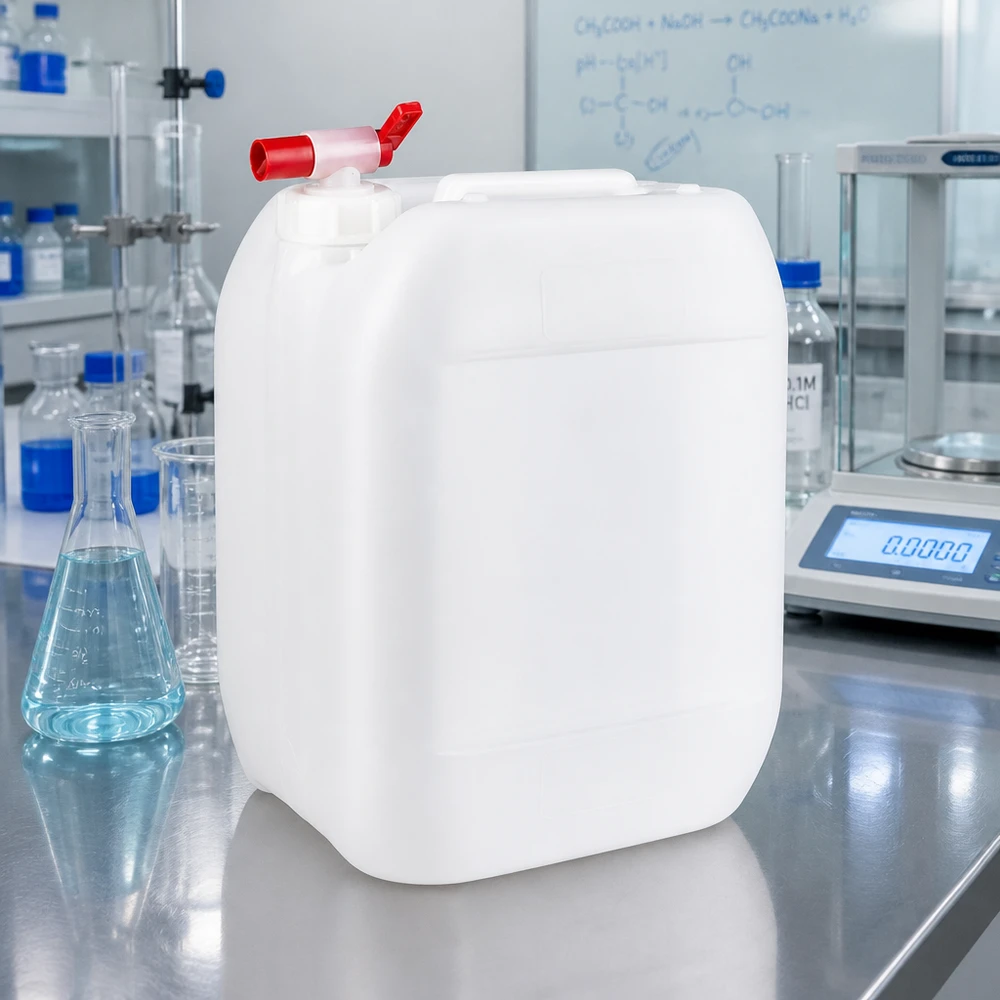 Kanister 10 litrów z zaworem spustowym Prostokątny kanister z tworzywa sztucznego o pojemności 10 l z czerwonym kranikiem, przeznaczony do profesjonalnych laboratoriów