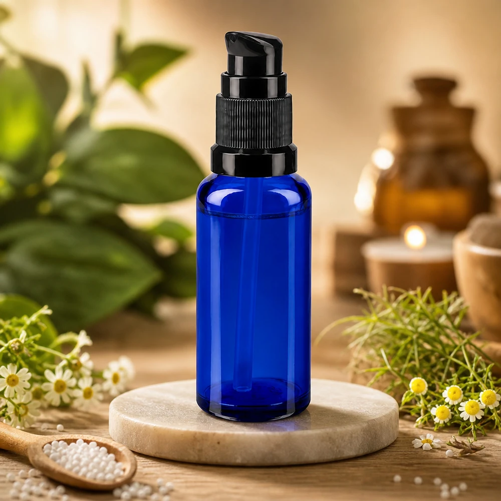 Butelka apteczna niebieska 30ml zakrętka z pompką czarna St Kobaltowo-niebieska butelka z pompką ApoGlas o pojemności 30 ml z czarnym zamknięciem, ozdobiona kwiatami rumianku