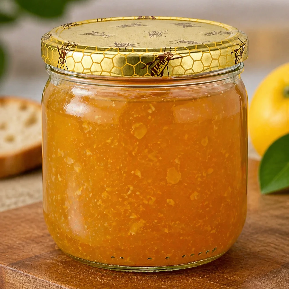 500g Honigglas mit Bienenwabe Deckel BasicSeal UNiTWIST Słoik miodu 500 g z kremowym miodem i pokrywką o strukturze plastra miodu obok pomarańczy na drewnianej podstawie