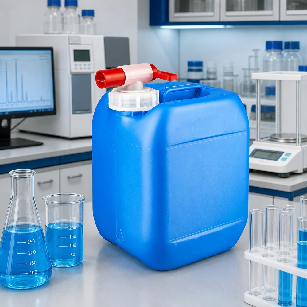Niebieski kanister z tworzywa sztucznego o pojemności 5 l z kranikiem w środowisku laboratoryjnym obok kolby Erlenmeyera i zlewki