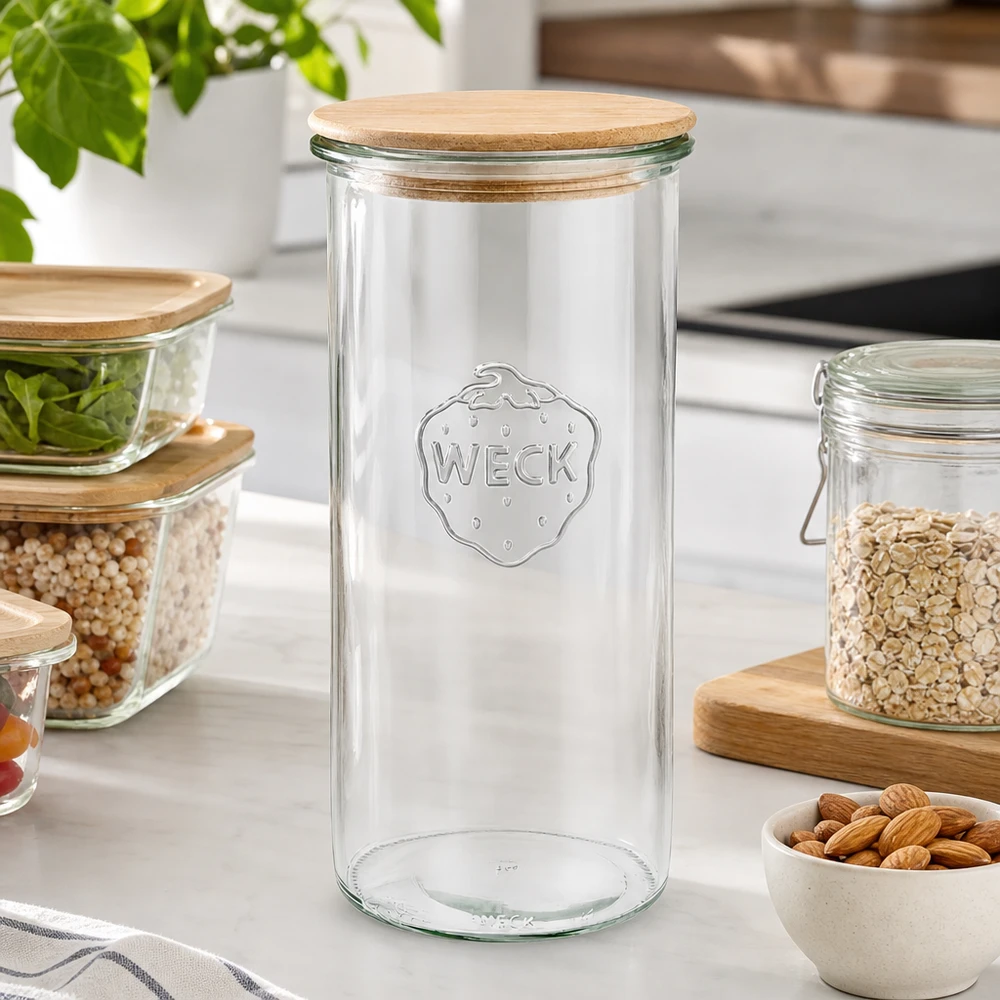 Kubki WECK RR100 o pojemności 1500 ml z drewnianą pokrywką WECK 1500ml RR100 pusty słoik do przechowywania z drewnianą pokrywką w nowoczesnej kuchni otoczony wypełnionymi słoikami z orzechami
