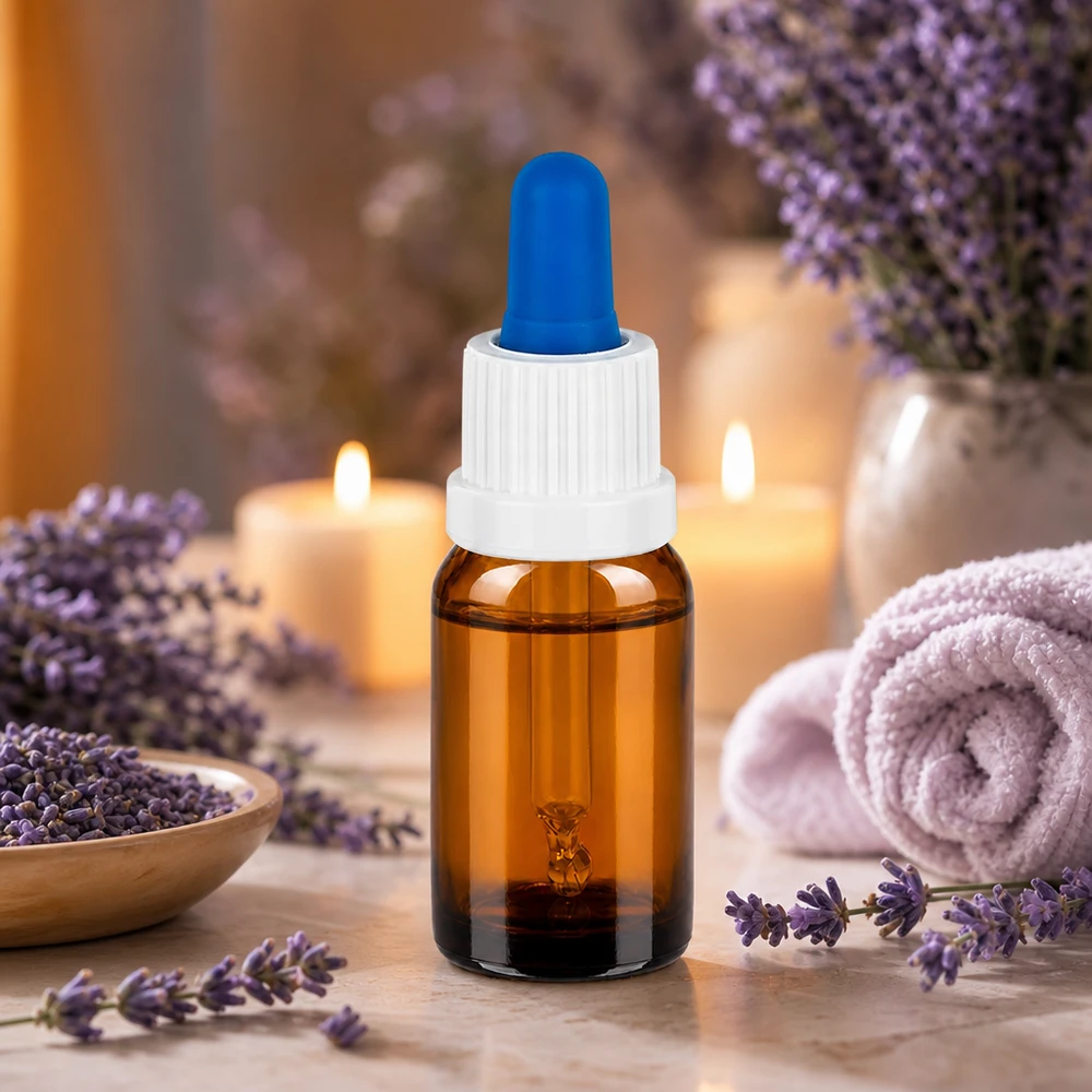 Butelka farmaceutyczna o pojemności 10 ml wykonana z bursztynowego szkła chroniącego przed promieniowaniem UV z białą zakrętką i niebieską końcówką pipety.