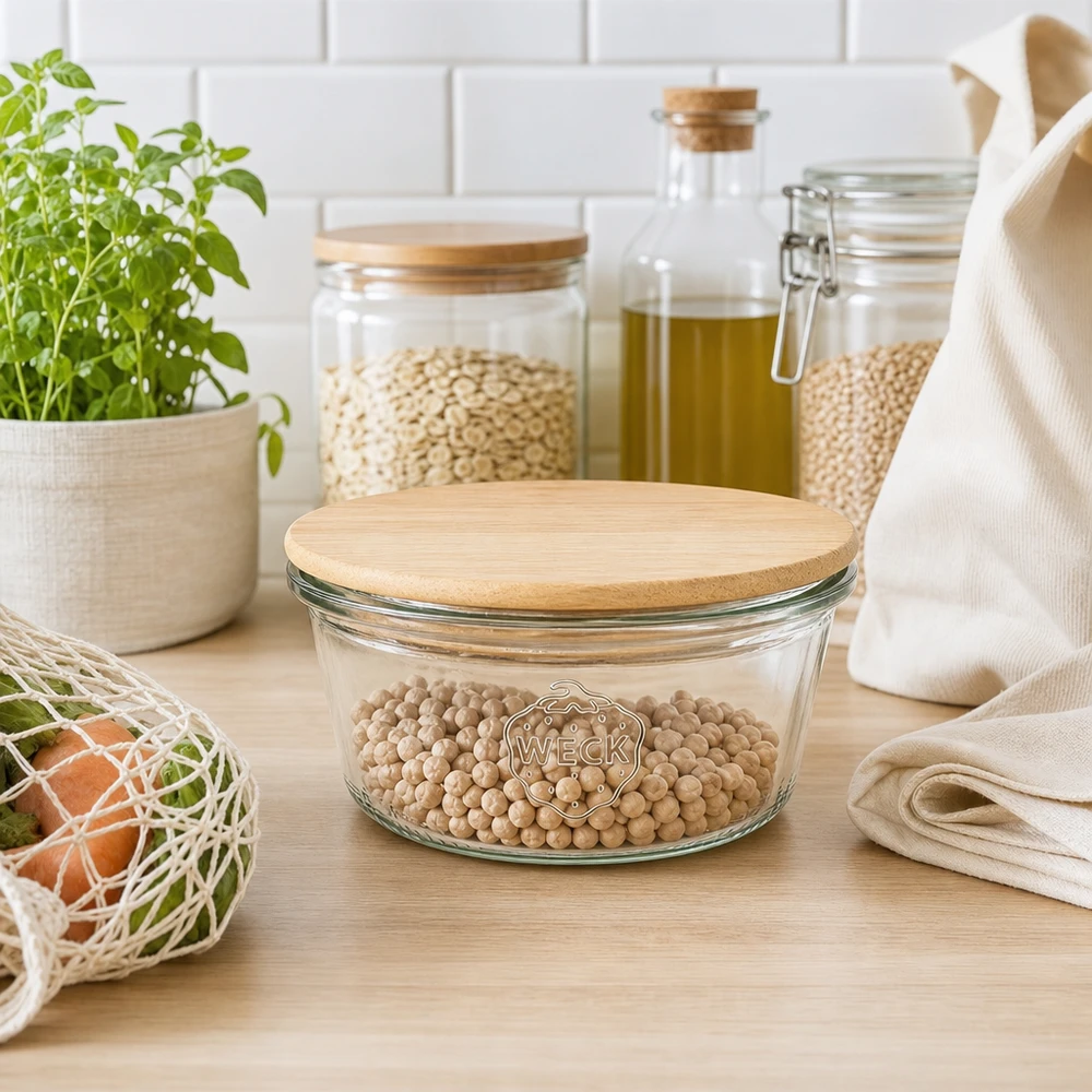 Kubki WECK 290ml RR100 z bambusową drewnianą pokrywką w zrównoważonej kuchni z roślinami strączkowymi, koncepcja zero waste