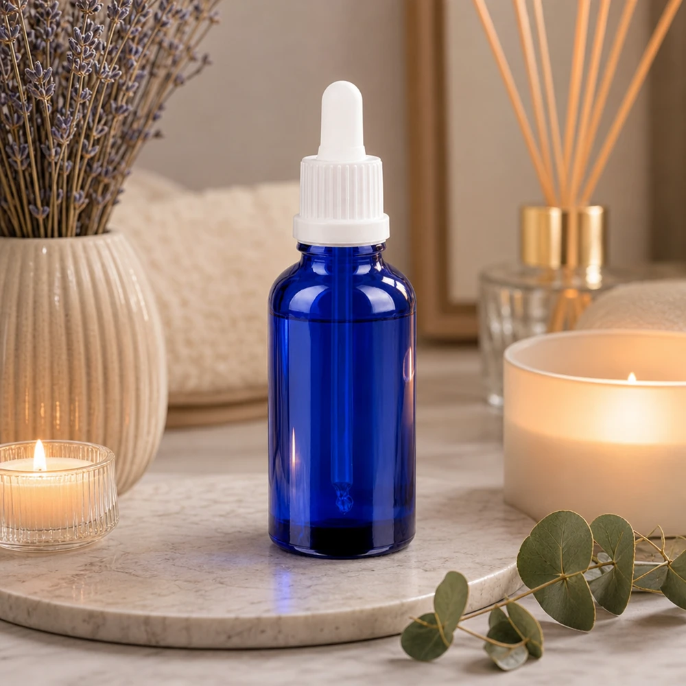 Butelka z pipetą 30 ml biała OV BlueLine UT18/30 30 ml butelka z pipetą BlueLine UT18 wykonana z wysokiej jakości szkła kobaltowego do ochrony produktów kosmetycznych przed promieniowaniem UV