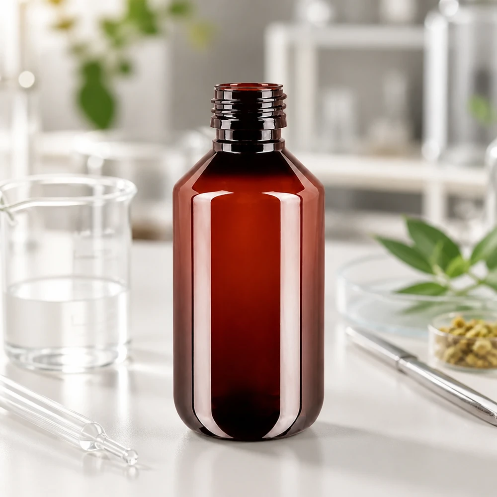 Pusta butelka PET o pojemności 200 ml, w kolorze bursztynowym, bez zamknięcia, z gwintem PP28, przeznaczona do użytku laboratoryjnego