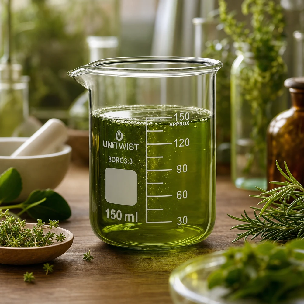 Szklanka UNiTwist 150 ml z borokrzemianu 3.3, o niskim kształcie, z zielonym ekstraktem ziołowym