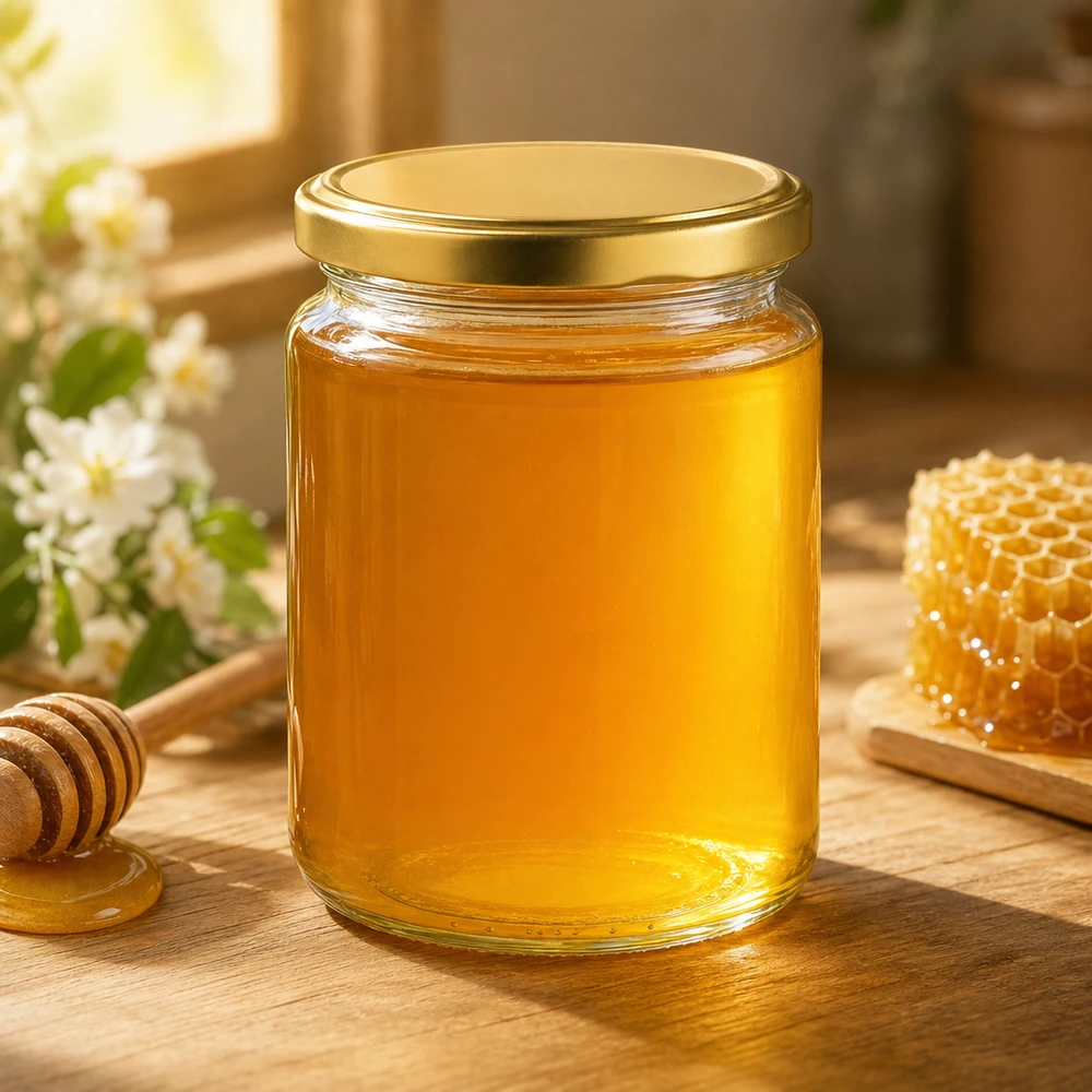450g Honigglas mit goldenem Deckel BasicSeal UNiTWIST 450g słoik miodu ze złotą pokrywką wypełniony miodem obok plastra miodu i łyżki miodu naturalna dekoracja kuchenna