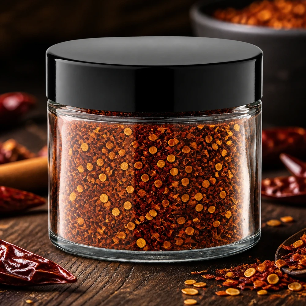 Pomysł na przyprawy: szklany słoik 30 ml przezroczysty z zakrętką Przezroczysty słoik szklany o pojemności 30 ml z płatkami chili i nasionami oraz czarną zakrętką