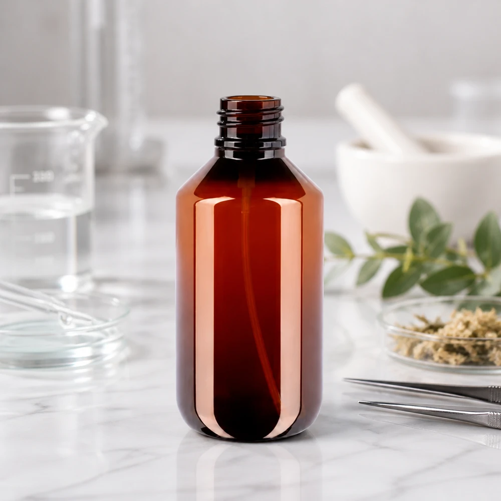PET Flasche 200ml mit UV-Schutzfarbe und Gewinde für weissen Pumpzerstäuber befüllbereit