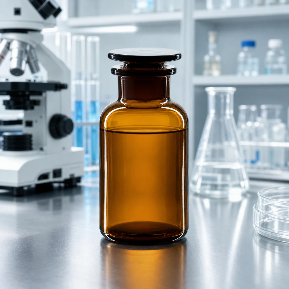 Apteka laboratoryjna – butelka z brązowego szkła o pojemności 250 ml, z szeroką szyjką i szklanym korkiem, obok mikroskopu i kolby Erlenmeyera
