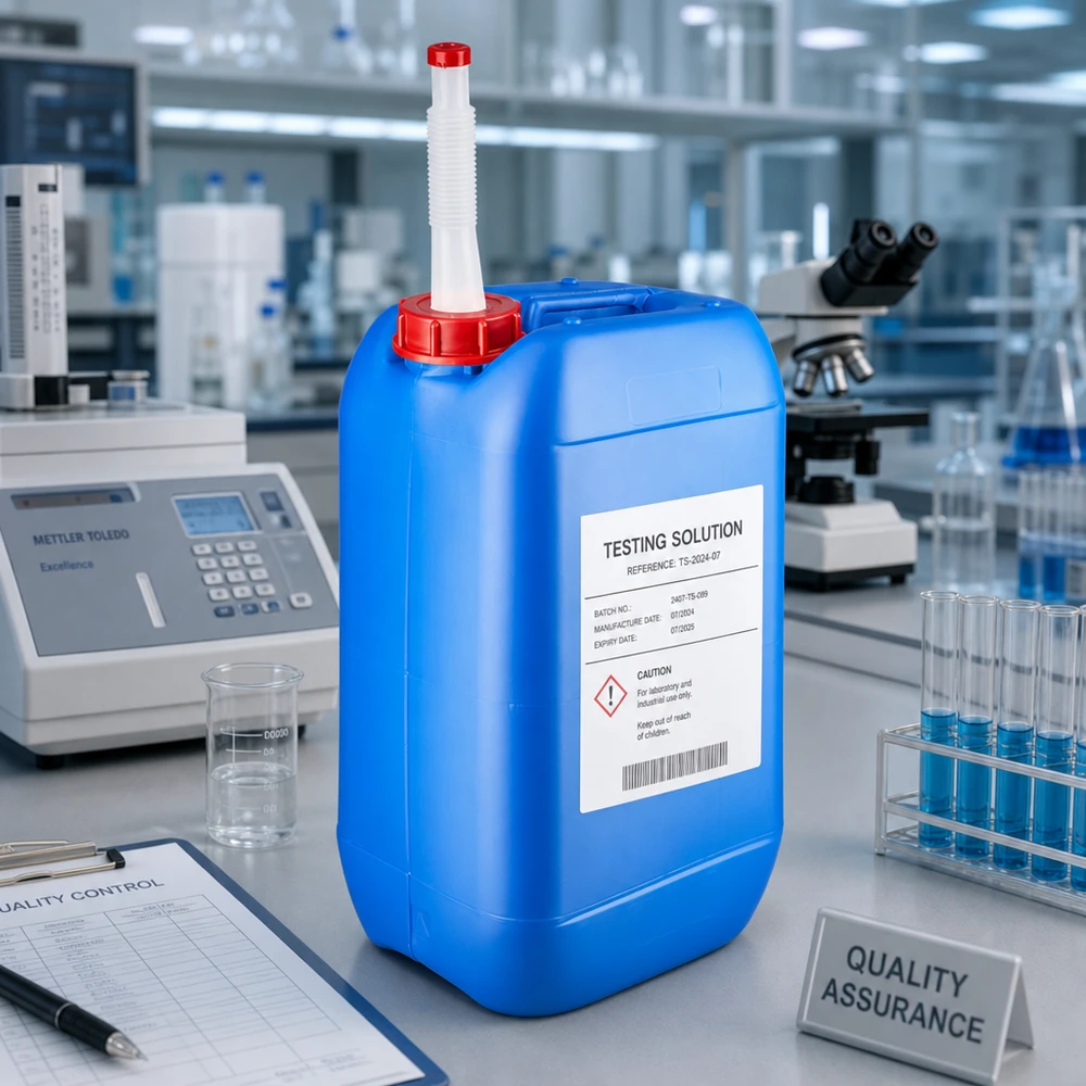 Niebieski kanister laboratoryjny o pojemności 15 l z elastyczną rurką wylotową i oznaczeniem substancji niebezpiecznej zgodnie z GHS na etykiecie