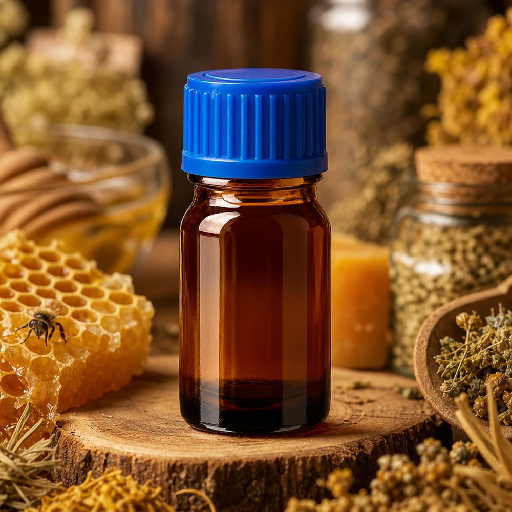5 ml butelka z bursztynowego szkła serii BrownLine z ochroną UV i niebieską nasadką do aromaterapii