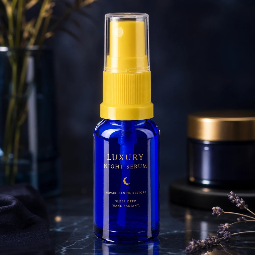Butelka apteczna niebieska 30ml nasadka rozpylająca żółta Niebieska buteleczka o pojemności 30 ml z żółtą nasadką rozpylającą jako opakowanie Luxury Night Serum na zdjęciu studyjnym
