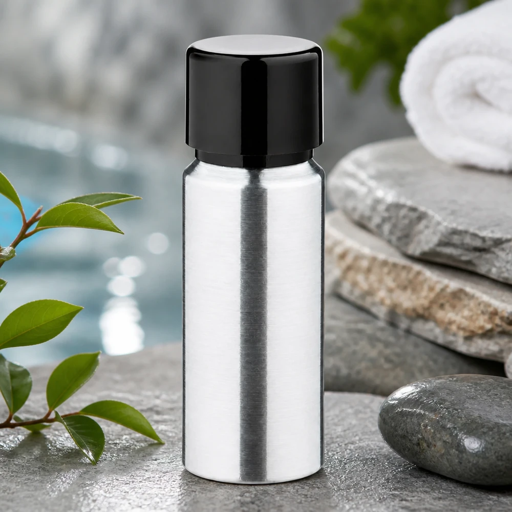 Butelka z polerowanego aluminium o pojemności 20 ml z zakrętką Wysokiej jakości aluminiowa butelka o pojemności 20 ml z lustrzaną powierzchnią i szczelną zakrętką