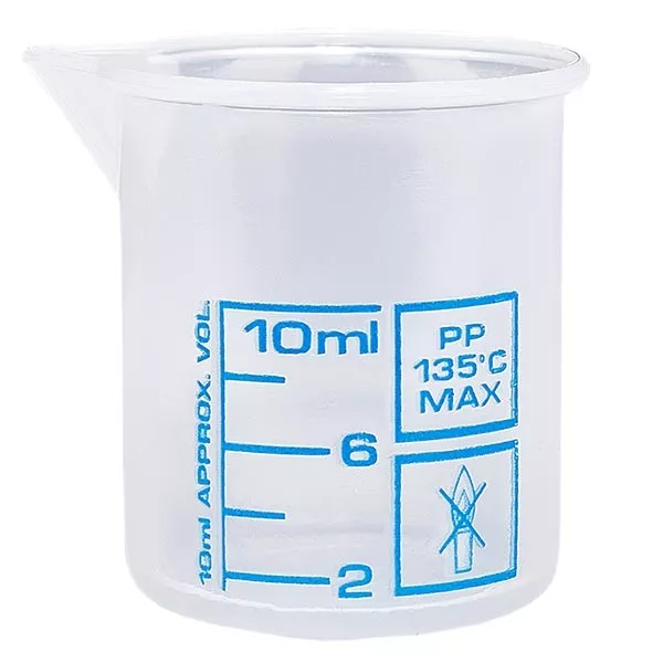 Zlewka pomiarowa 10 ml (zlewka Griffin) PP, antystatyczna, o wysokiej przezroczystości zgodnie z DIN 12.311, z krawędzią bez stopni, nadrukowana niebieska skala Zlewka pomiarowa 10 ml (zlewka Griffin) PP, antystatyczna, o wysokiej przezroczystości zgodnie z DIN 12.311, z krawędzią bez stopni, nadrukowana niebieska skala