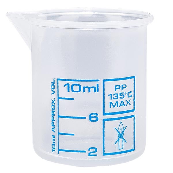 Zlewka pomiarowa 10 ml (zlewka Griffin) PP, antystatyczna, o wysokiej przezroczysto&#347;ci zgodnie z DIN 12.311, z kraw&#281;dzi&#261; bez stopni, nadrukowana niebieska skala