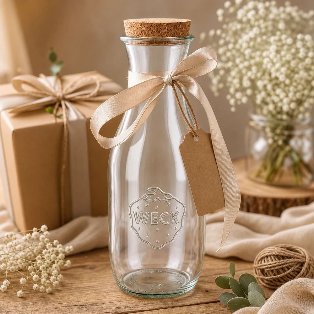 Butelka na sok 1062ml WECK RR60 z korkiem naturalna Szklana butelka WECK 1062ml na prezent ozdobiona beżową kokardą i zawieszką obok gipsówki i pudełka prezentowego