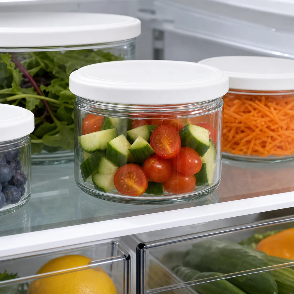 Słoik okrągły 540 ml z pokrywką BasicSeal biała UNiTWIST 540ml Rundglas BasicSeal weiß im Kühlschrank mit Tomaten und Gurken - optimale Frischhaltung für geschnittenes Gemüse