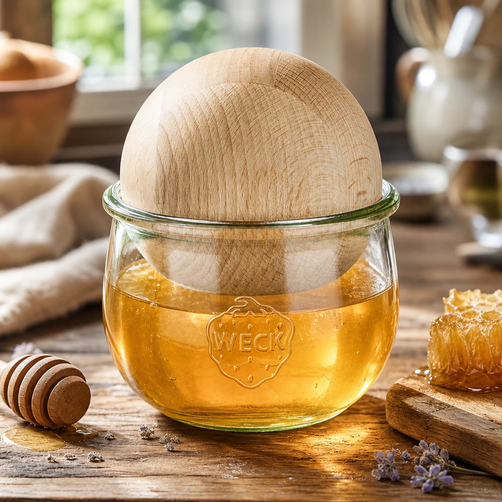 580ml słoik tulipan WECK RR100 z drewnianą kulką buk Słoik tulipan WECK 580ml z kulką z drewna bukowego wypełnioną miodem, dekoracyjne przechowywanie naturalnych produktów i akcesoriów kuchennych