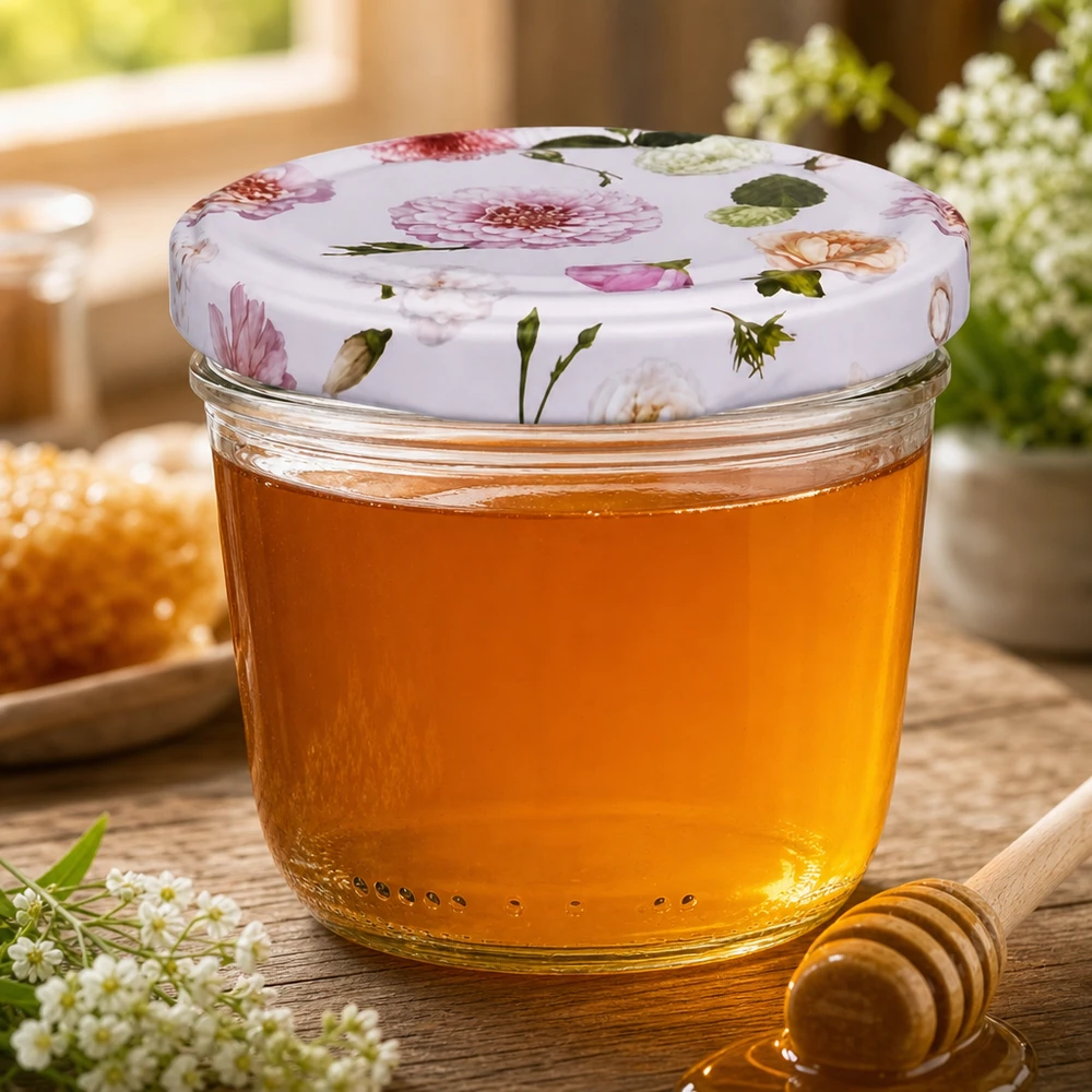 Szklanka z pokrywką 230 ml + pokrywka BasicSeal kwiat różowa UN.. Miód w słoiku 230ml z pokrywką BasicSeal różowe kwiaty słoik miodu pszczelarstwo naturalna dekoracja drewniana łyżka