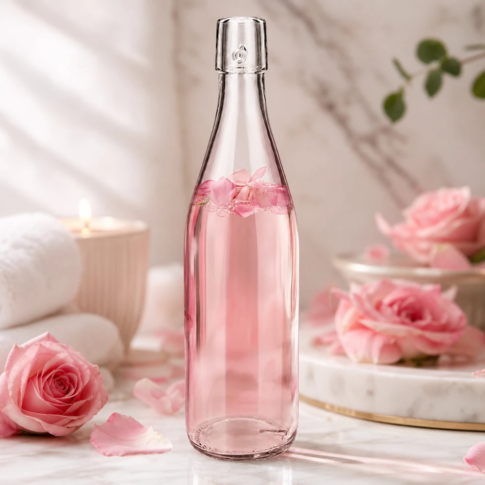 500ml UNiTWIST Glasflasche mit Rosenwasser in romantischer Dekoration mit rosa Rosen und elegantem Ambiente