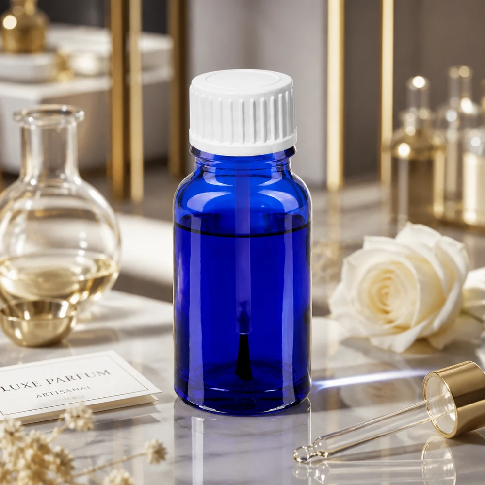 Butelka z pędzelkiem 10 ml biała STD BlueLine UT18/10 Kompaktowa butelka z pędzelkiem o pojemności 10 ml w eleganckim niebieskim kolorze z białą nakrętką do profesjonalnych zastosowań