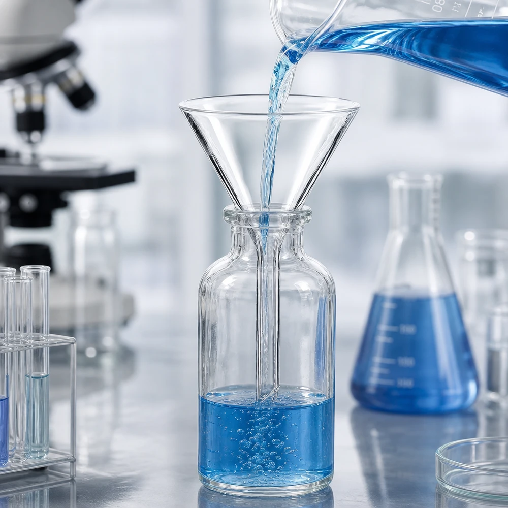 Lejek laboratoryjny wykonany z borokrzemianu z kątem 60 stopni i otworem 45 mm do precyzyjnej dekantacji