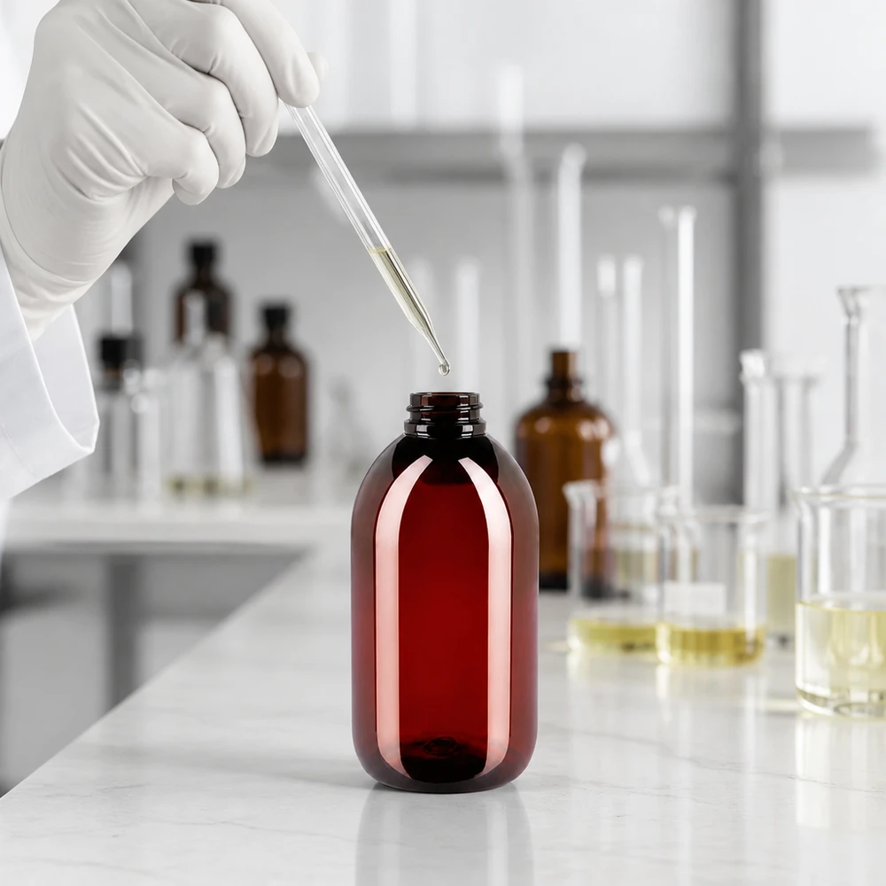 Owalna butelka PET o pojemności 250 ml w kolorze bursztynowym z zamknięciem zabezpieczającym, przeznaczona do profesjonalnego środowiska laboratoryjnego