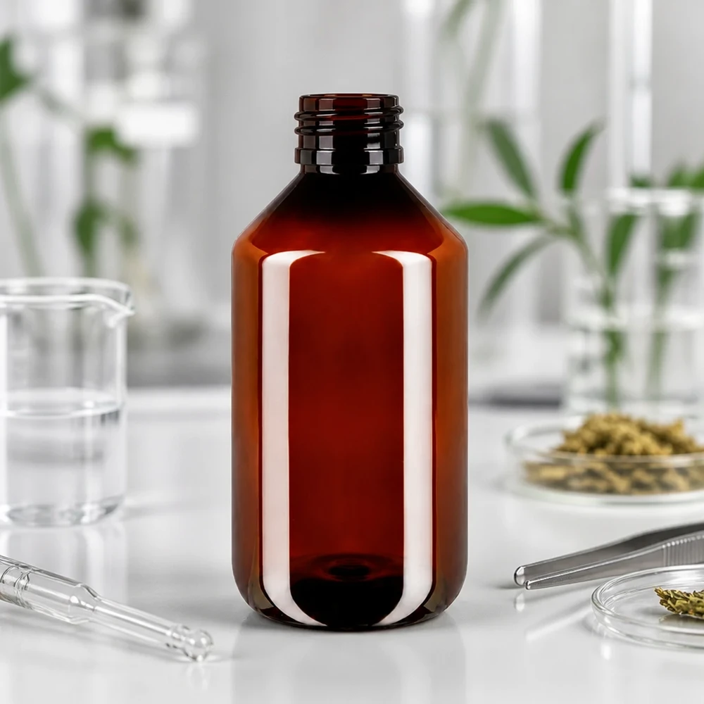 Brązowa butelka PET o pojemności 500 ml z gwintem, obok naczyń laboratoryjnych i ekstraktów roślinnych