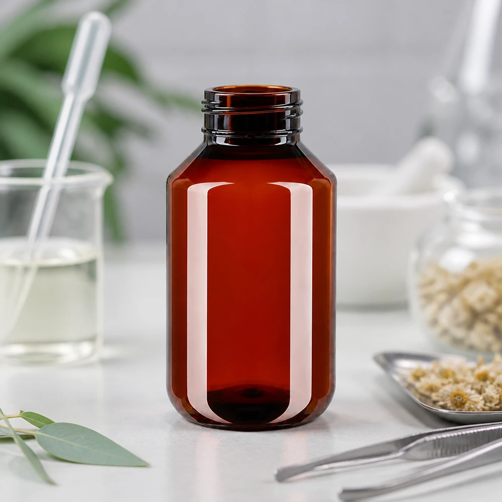 Butelka PET 100 ml z białym standardem OV Pusta brązowa butelka PET o pojemności 100 ml z białym zamknięciem zabezpieczającym na białej powierzchni imitującej marmur