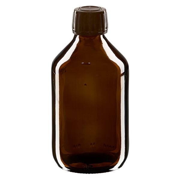 Butelka na lek 250 ml brązowa, zakrętka brązowa z pierścieniem zabezpieczającym ApoGlas. Farmaceutyczna jakość produkcji UE. Gwint 28 mm (PP28). (syrop, butelka z lekkiego szkła) Butelka na lek 250 ml brązowa, zakrętka brązowa z pierścieniem zabezpieczającym ApoGlas. Farmaceutyczna jakość produkcji UE. Gwint 28 mm (PP28). (syrop, butelka z lekkiego szkła)