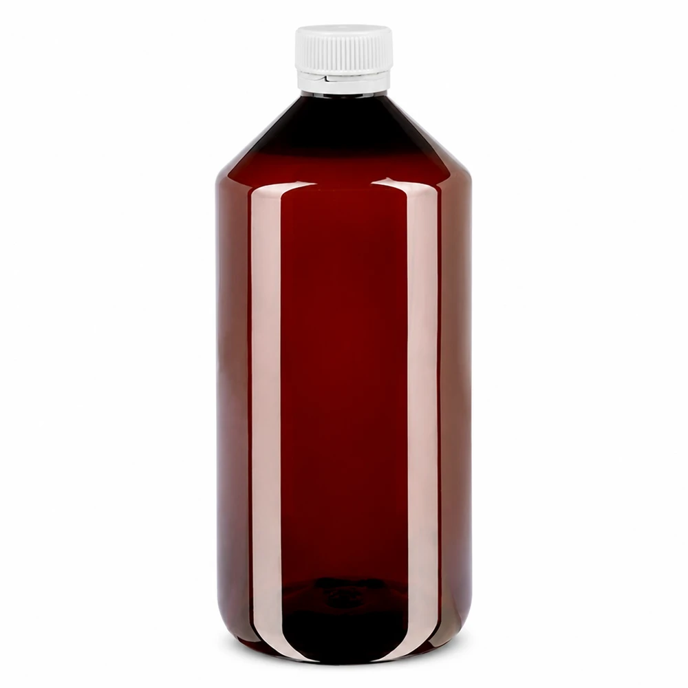 Butelka PET o pojemności 1000 ml, w kolorze bursztynowym, z białym, żłobkowanym zamknięciem typu OV, przeznaczona do płynów