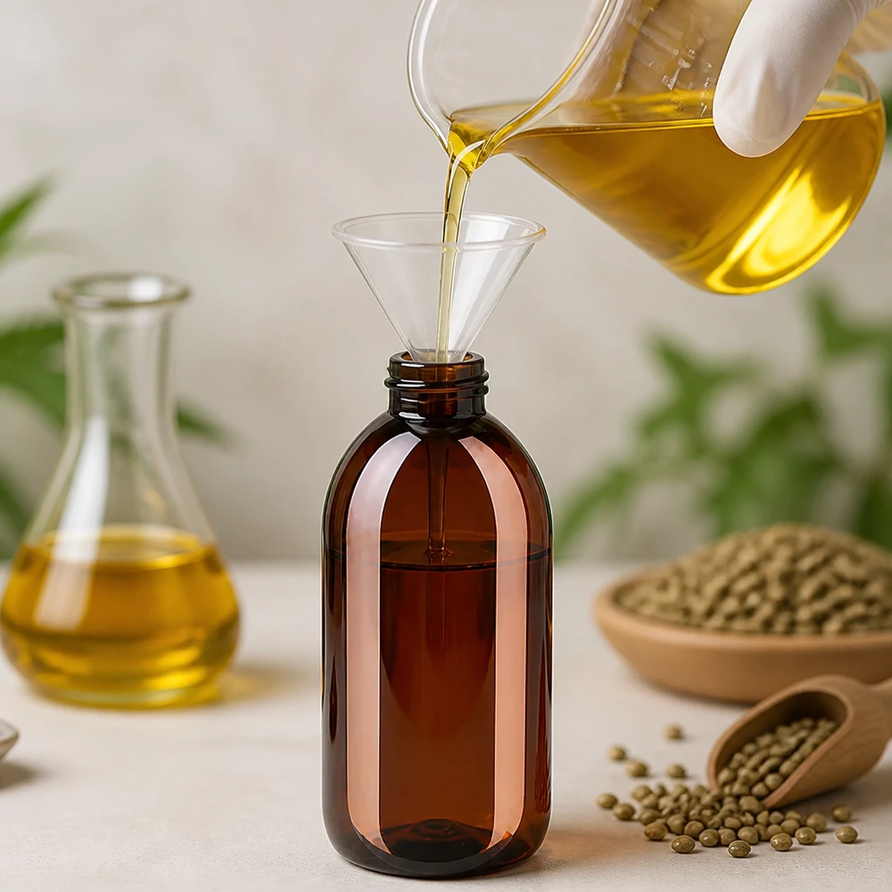 Butelka PET 250 ml z białym karbowanym OV Brązowa butelka z tworzywa PET o pojemności 250 ml z żłobkowanym białym zamknięciem zabezpieczającym do olejów