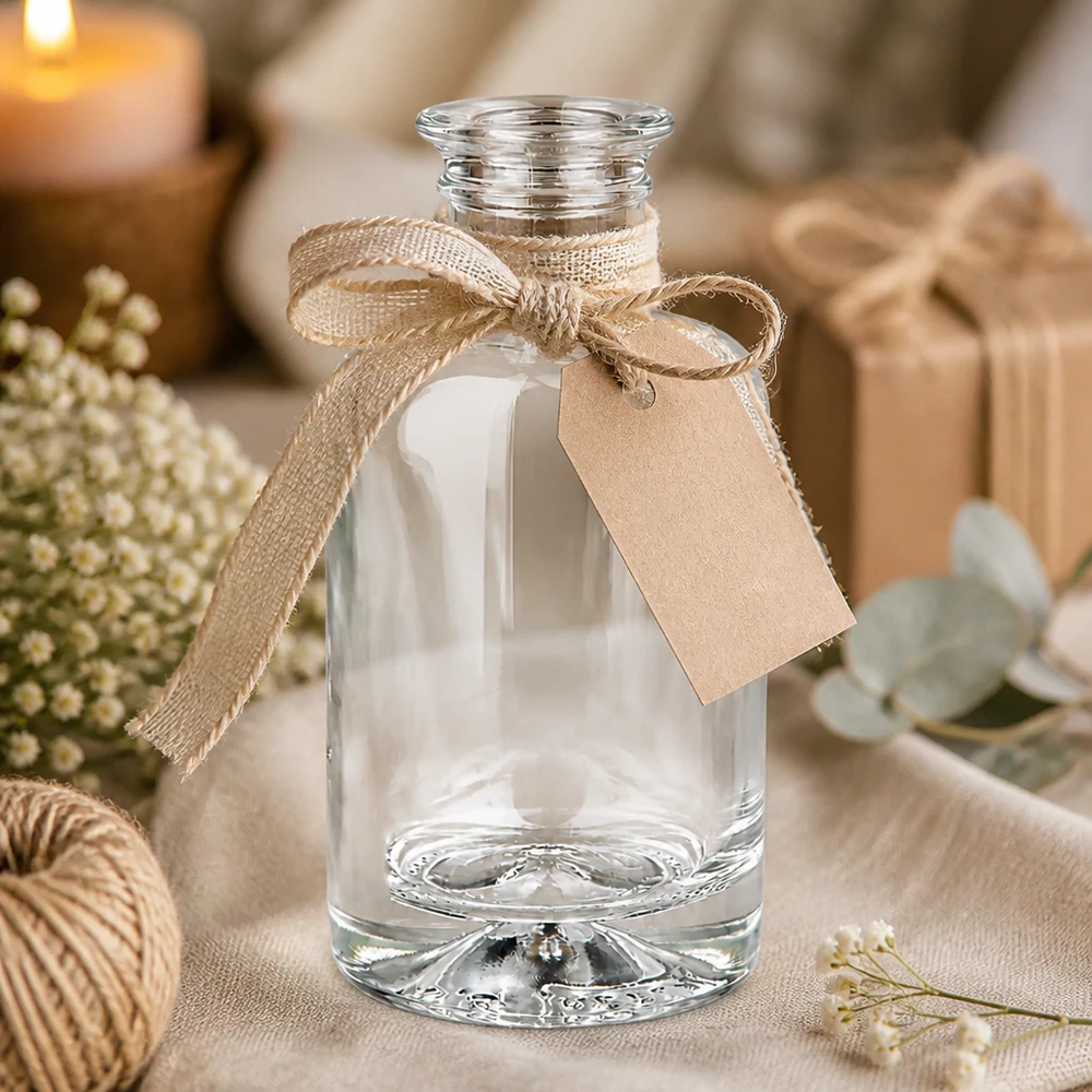 100ml Glasflasche Sofia als Geschenkidee mit Juteschleife und Anhänger in gemütlicher Deko-Atmosphäre mit Kerzen