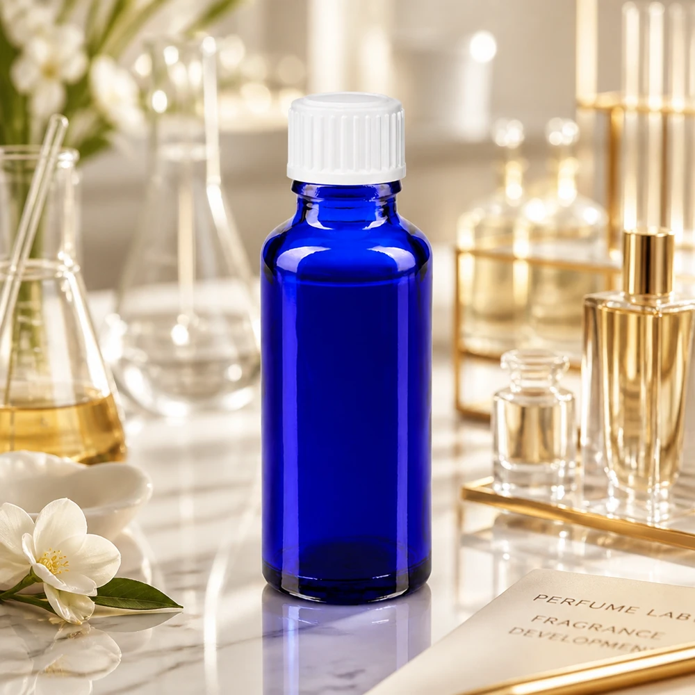 Butelka apteczna o pojemności 30 ml w kolorze kobaltowym z białym standardowym zamknięciem w laboratorium perfumeryjnym