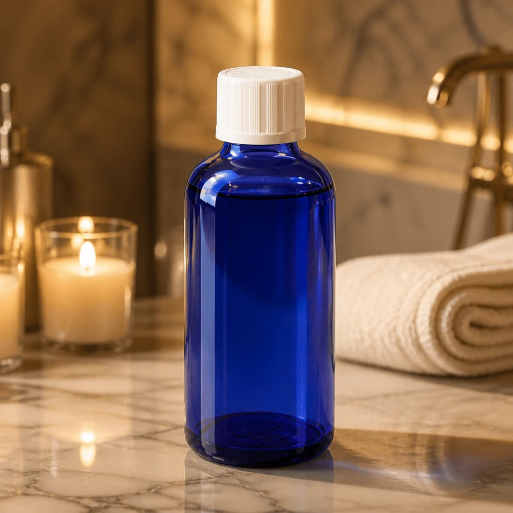 Butelka apteczna niebieska 50ml z kroplomierzem biała KiSi St Niebieska szklana butelka o pojemności 50 ml z białą zakrętką na tle marmuru w stylowej łazience
