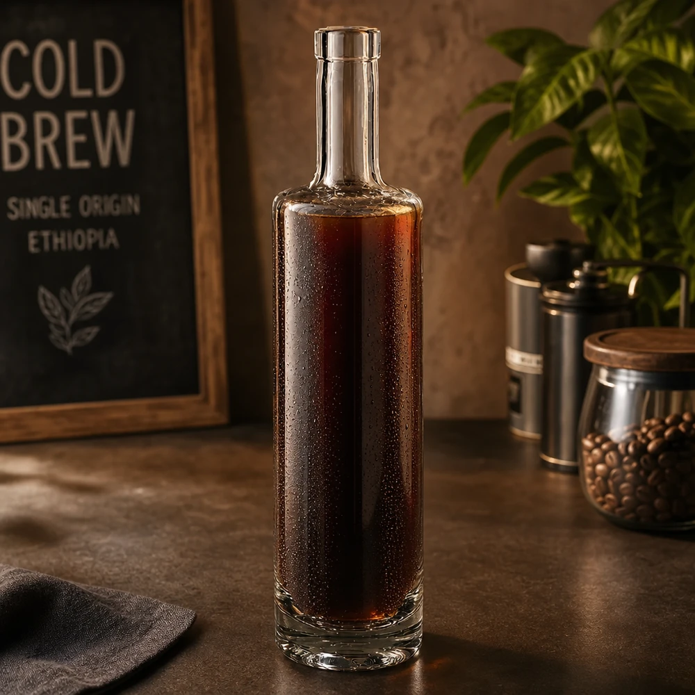 Szklana butelka Lina o pojemności 500 ml wypełniona kawą parzoną na zimno w stylowej atmosferze kawiarni z ziarnami kawy i dezodorantem w stylu vintage.