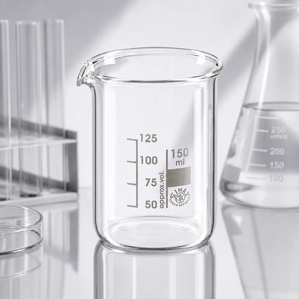 Przezroczysty zlewka ze szkła borokrzemowego 150 ml z praktycznym dziobkiem ułatwiającym dekantację