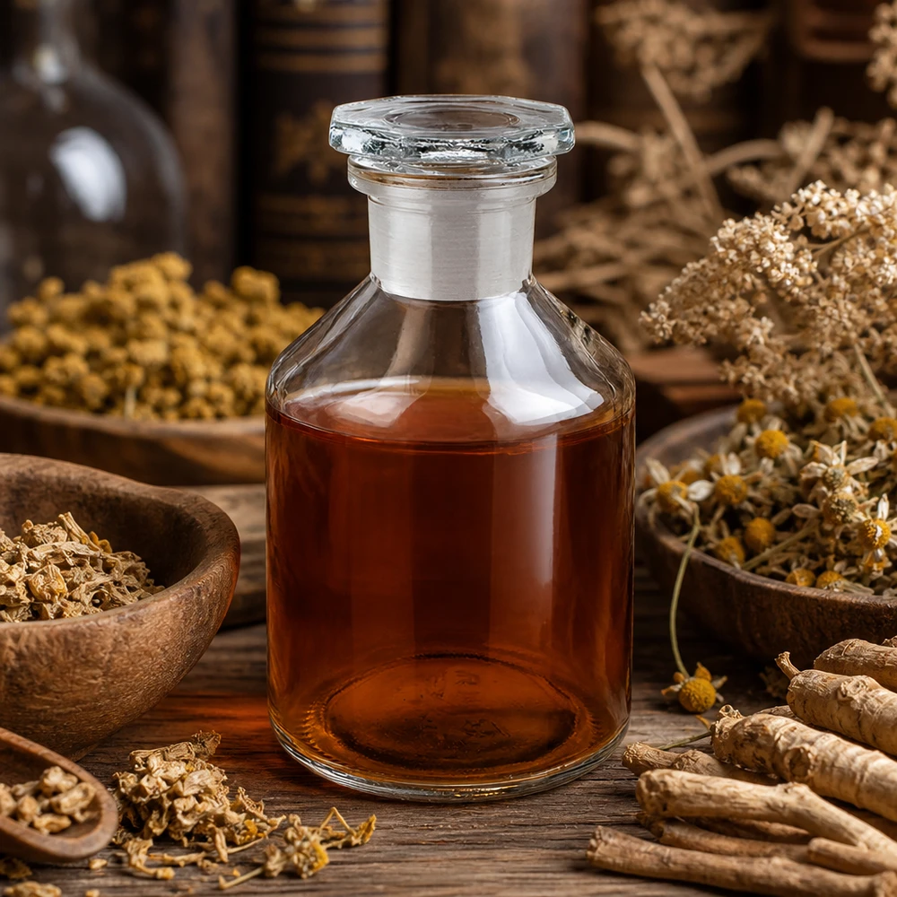 Butelka o prostej szyjce, 50 ml, przezroczysta, z szklanym korkiem, otoczona suszonymi ziołami leczniczymi i korzeniami