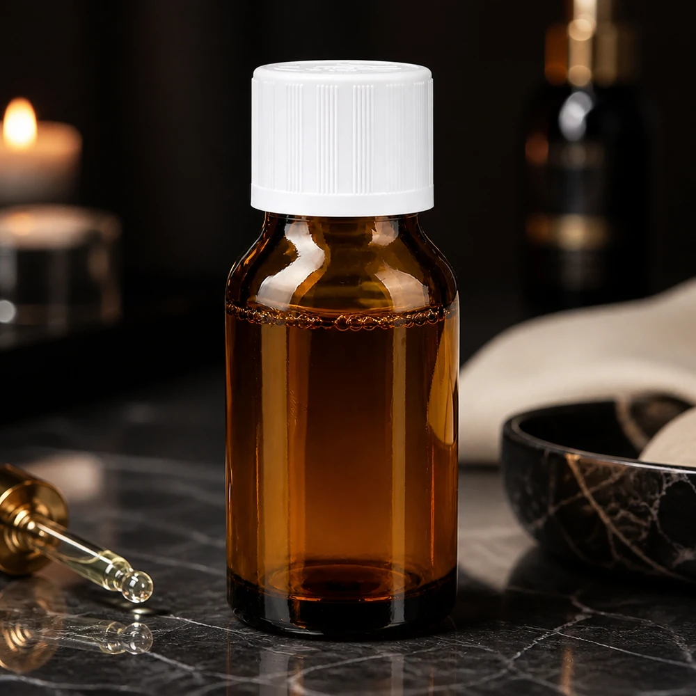 Butelka apteczna brązowa 30ml z kroplomierzem biała KiSi St Szklana buteleczka o pojemności 30 ml w kolorze bursztynowym, z białą zakrętką i szklaną pipetką, na tle ciemnego marmuru