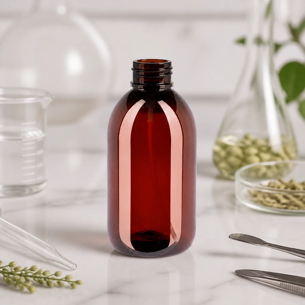 Butelka PET 250ml z atomizerem biała Ovale PET Flasche 250ml bernsteinfarben mit Zerstäuber und Laborausstattung im Hintergrund