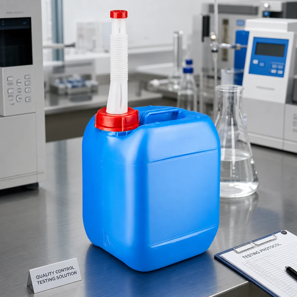 Wytrzymały kanister do kontroli jakości o pojemności 5 l, w kolorze niebieskim, z elastyczną rurką wylotową, przeznaczony do profesjonalnych laboratoriów