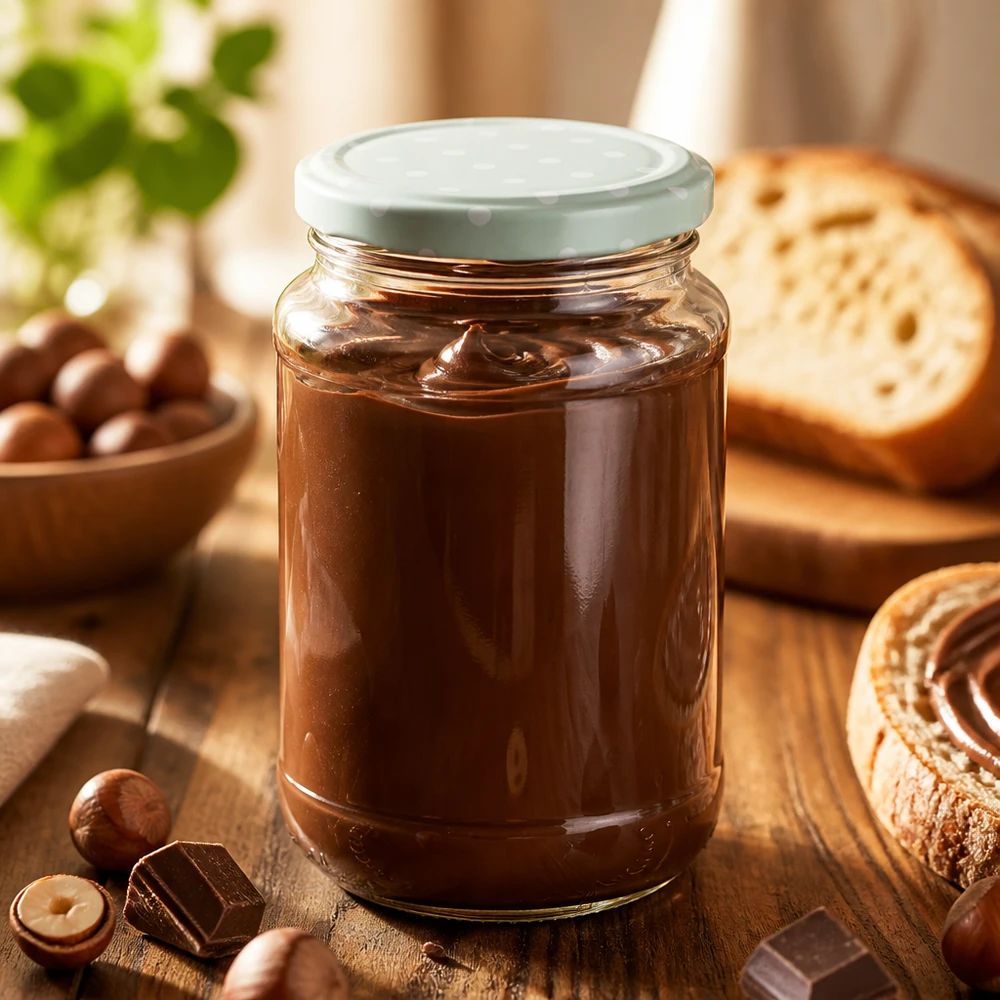 Krem orzechowo-nugatowy w okrągłej szklanej butelce UNiTWIST o pojemności 320 ml z miętową pokrywką BasicSeal w kropki na drewnianym stole