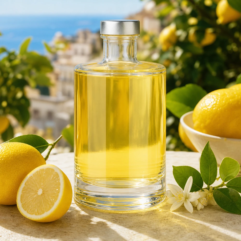 Butelka szklana 375 ml Sam i zakrętka srebrna UNiTWIST® 375ml Glasflasche Sam mit Zitruslikör gefüllt - mediterrane Szenerie mit frischen Zitronen und silbernem Verschluss
